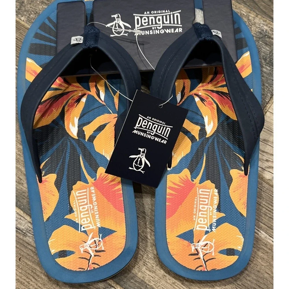 New Original Penguin Blue Orange Tropical Floral Men's Flip Flops Sandals M 9-10